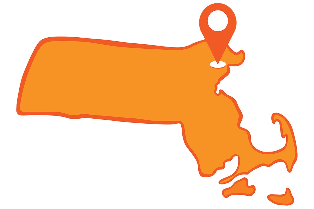 Map of Massachusetts with pin on Danvers