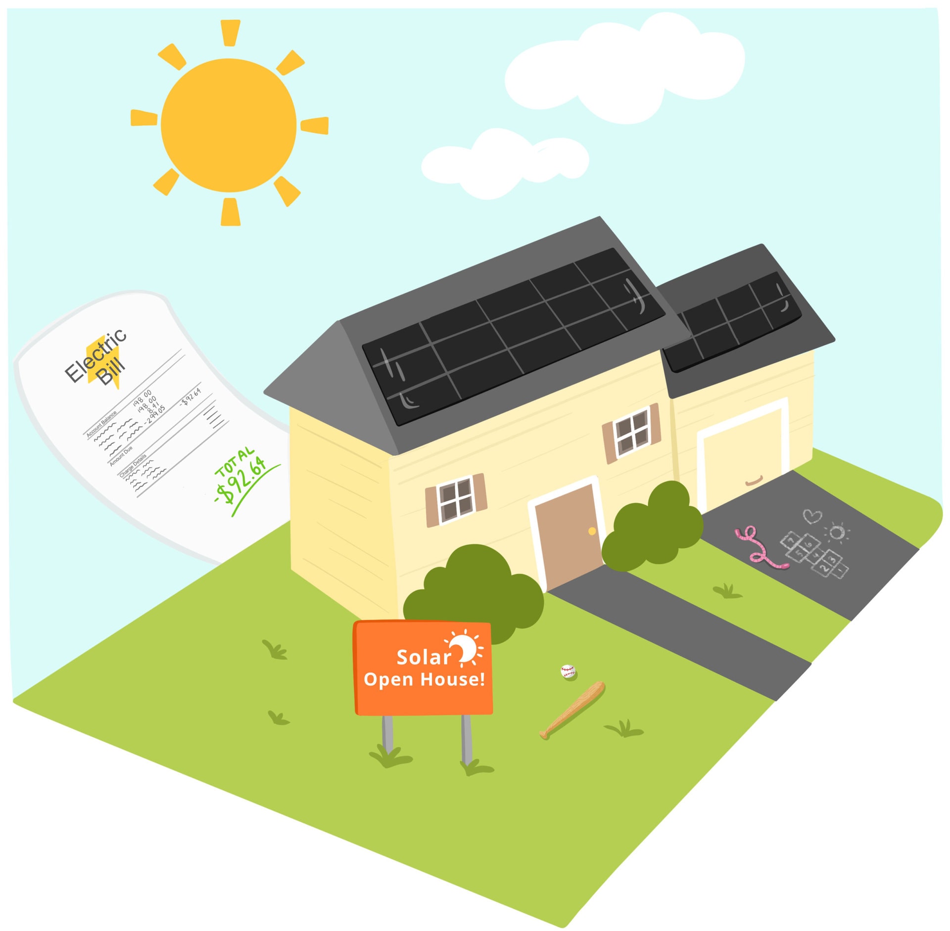 Graphic of house that has a Solaris Renewables Sign and solar panels on top