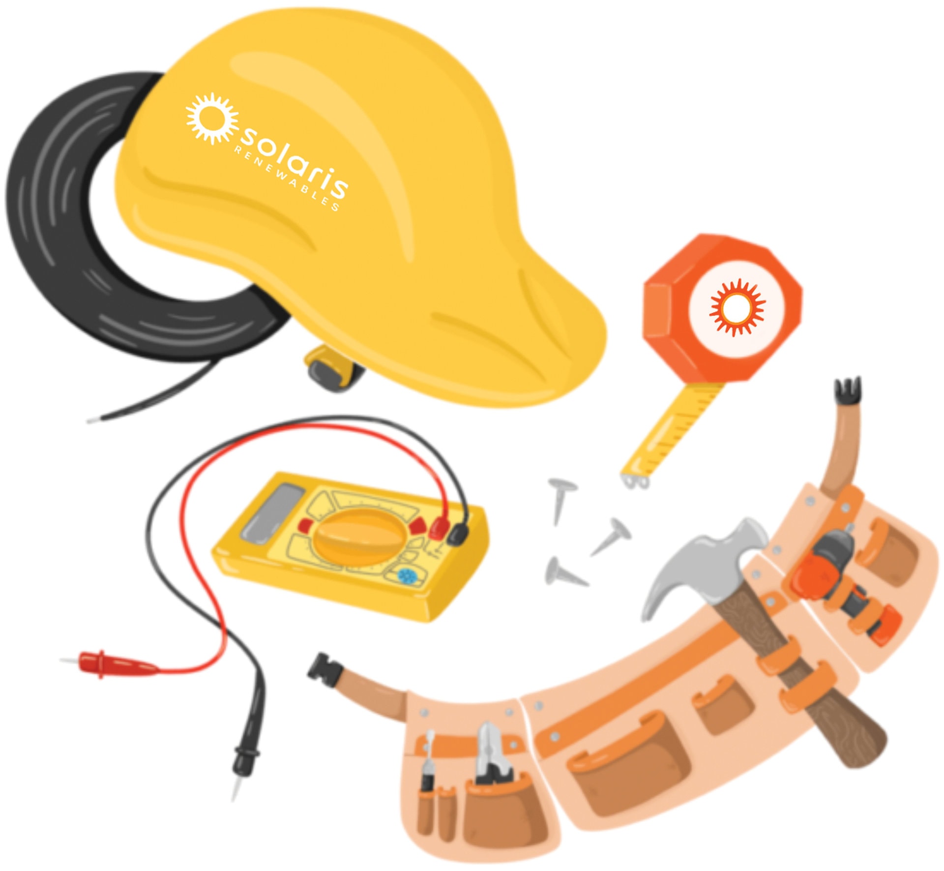 Solaris Renewables branded hardhat and other tools graphic